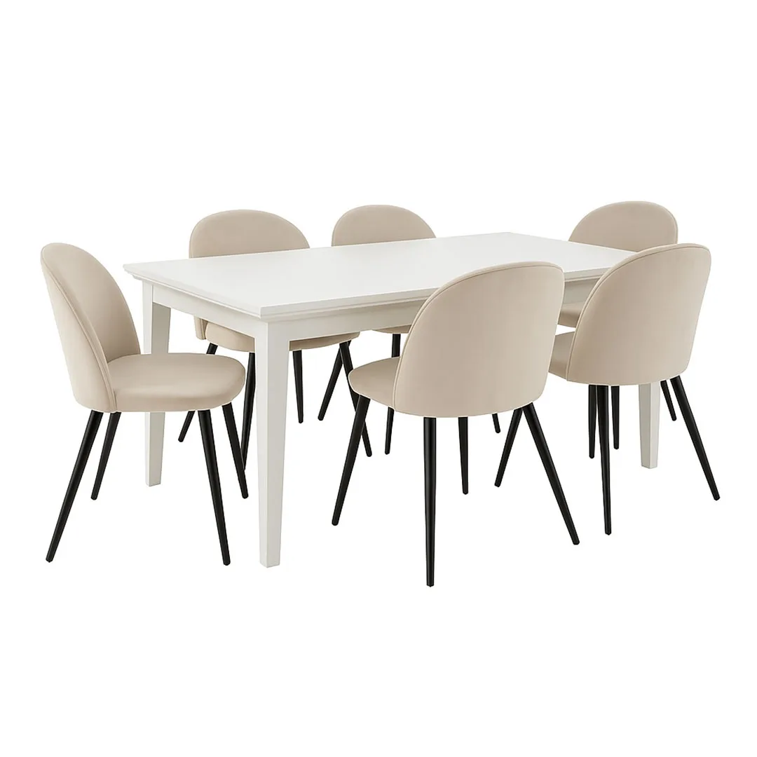 Venedig Essgruppe Tisch weiß 95x180/276 mit 2 Stk. Zusatzplatten 6 Stühlen Velour beige.