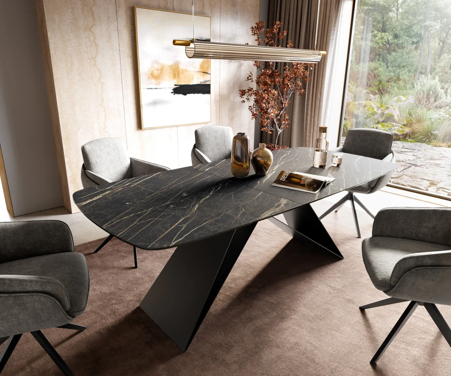 Esstisch Edge Boot 180-220x100 cm Laminam® Keramik Noir Desir Braun V-Gestell Flachstahl Schwarz ausziehbar