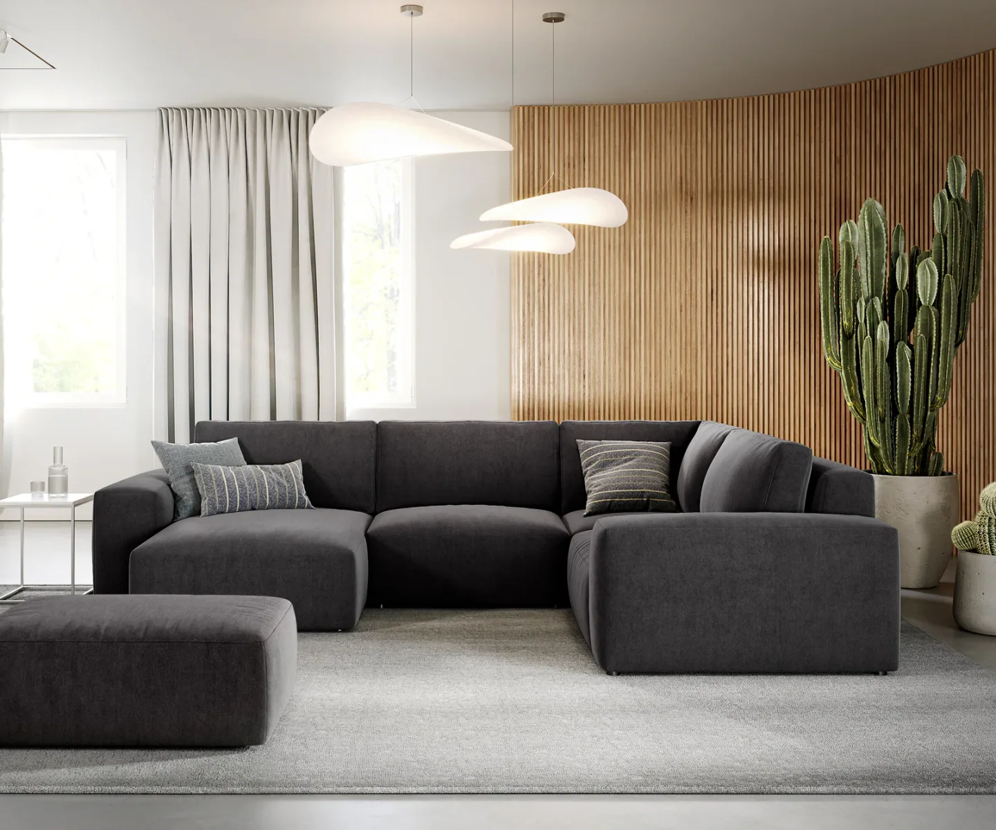 Wohnlandschaft Lanzo 300x210 cm Mikrofaser Schwarz Recamiere variabel mit Hocker