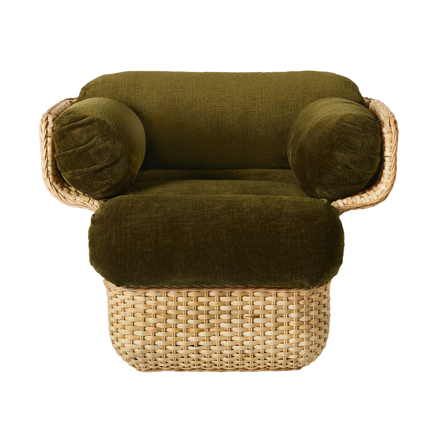 Gubi - Basket Lounge Chair - Fully Upholstered Rattan Sunday 002, Dedar - Fåtöljer - Joe Colombo - Blå - Metall/Trä/Textilmaterial/Skum