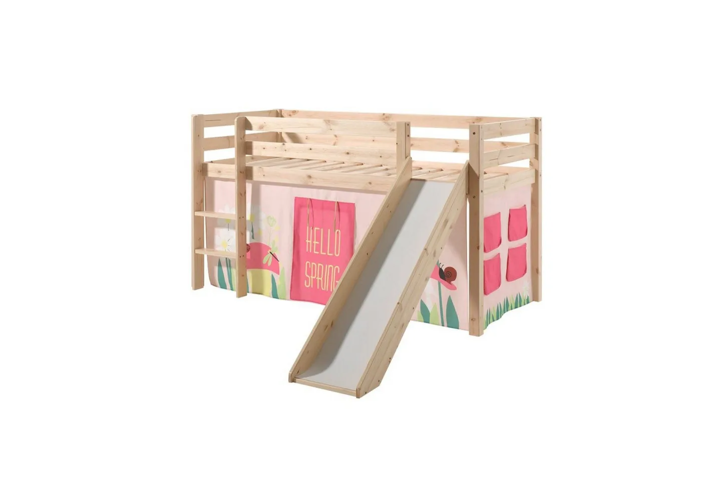 Halvhöjdssäng med gardin Pino Spring Naturlig, Naturlig, Med rutschkana, Utan tunnel, Utan fickor - Naturlig, Naturlig, Med rutschkana, Utan tunnel, Utan fickor