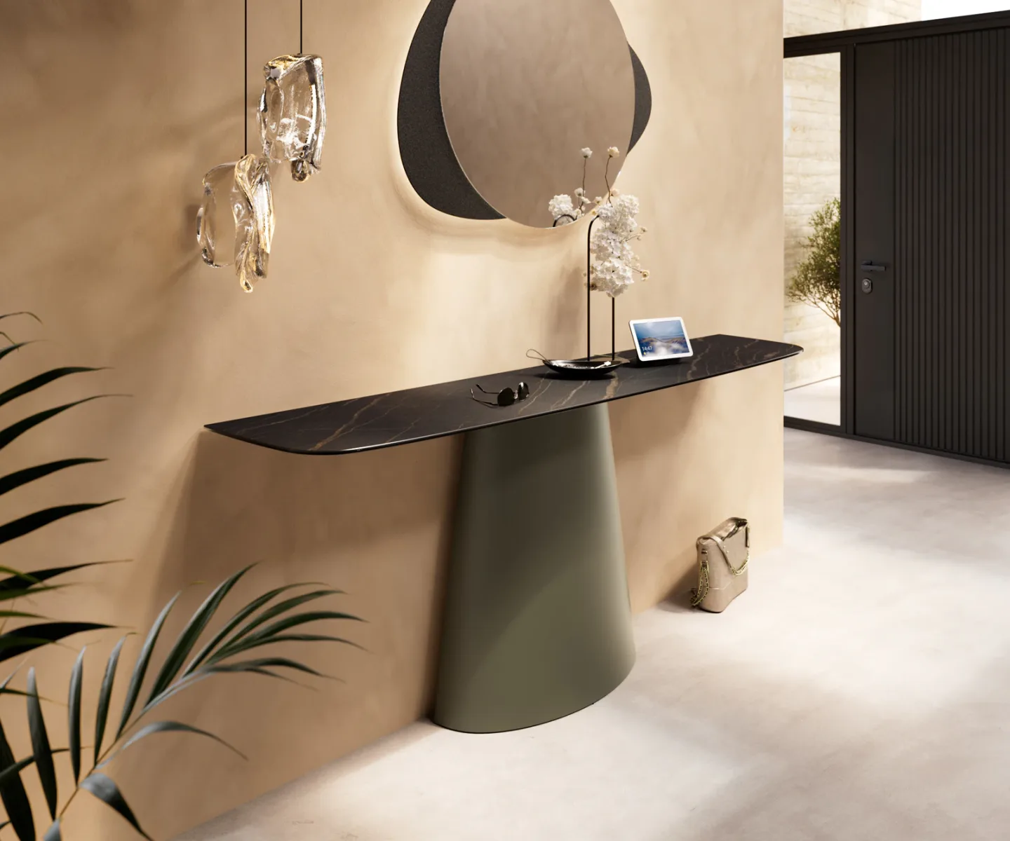 Konsolentisch Edge Boot 180x40 cm Keramik Laminam® Noir Desir Braun Conos Metall Effektfinish Titan