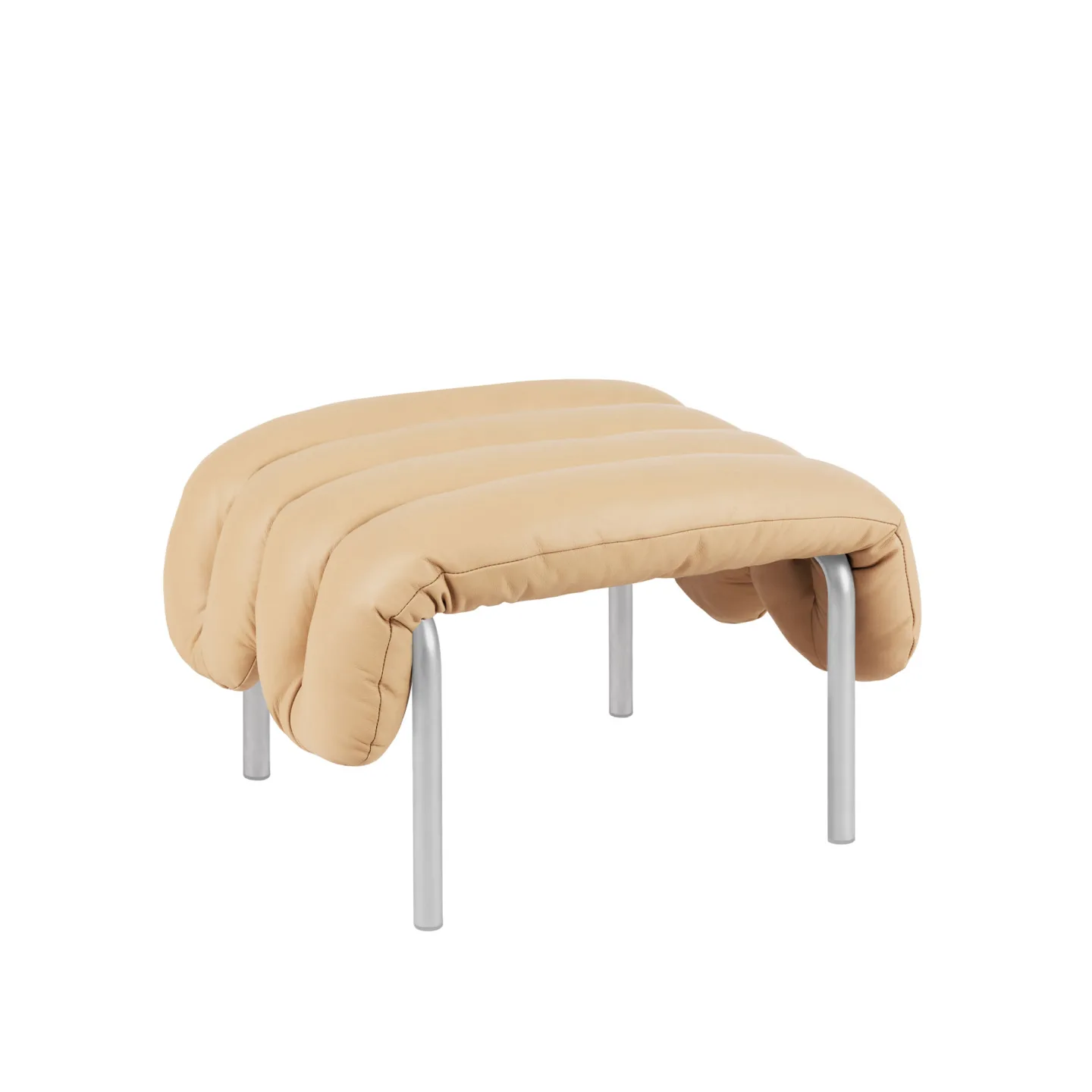 HEM - Puffy Ottoman - Sand Leather/Stainless - Fotpallar - Faye Toogood - Silver,Beige - Läder/Naturmaterial/Metall/Trä/Skum