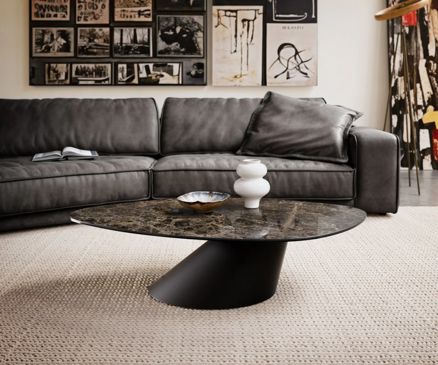 Couchtisch Edge Organisch 140x76 cm Keramik Emperador Extra Lucidato Dunkelbraun Conis Metall Schwarz