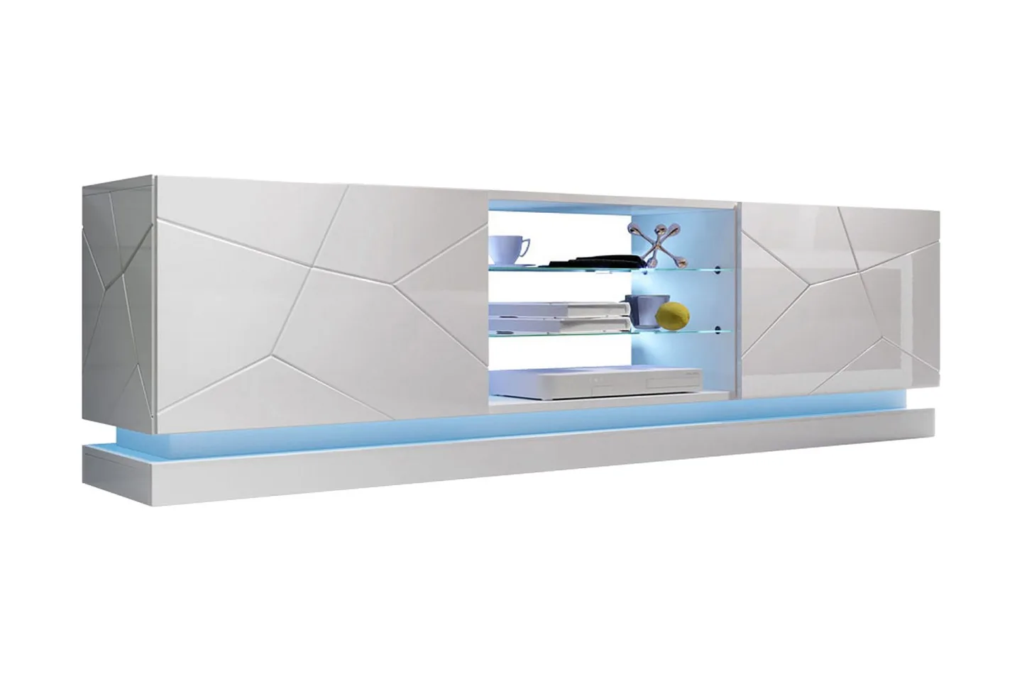 Qiu Tv-bänk 200 cm - Vit / Högglans / Glas