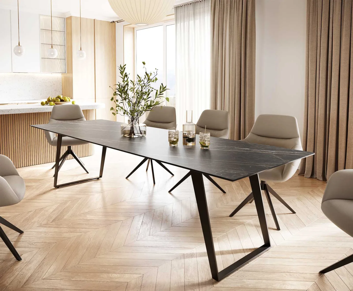 Esstisch Edge 300x100 Keramik Laminam® Noir Desir Braun Metall Schräg Schwarz