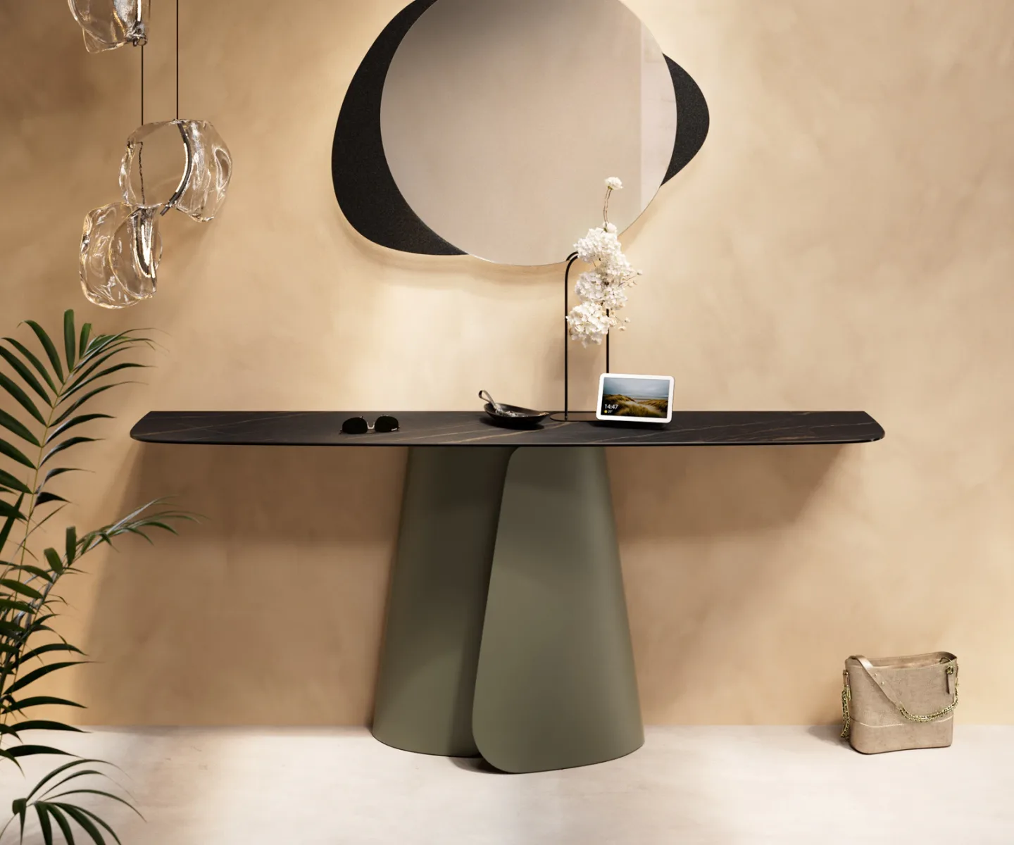 Konsolentisch Edge Boot 180x40 cm Keramik Laminam® Noir Desir Braun Livos Metall Effektfinish Titan