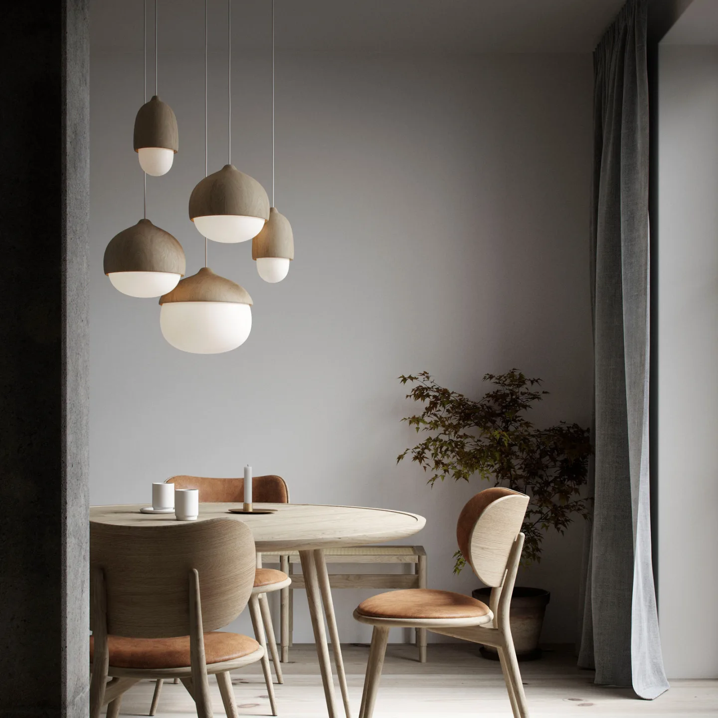 Terho Pendelleuchte Medium Natural/White Opal - Mater Terho M - Wohnzimmer - Design - Holz - Einflammig
