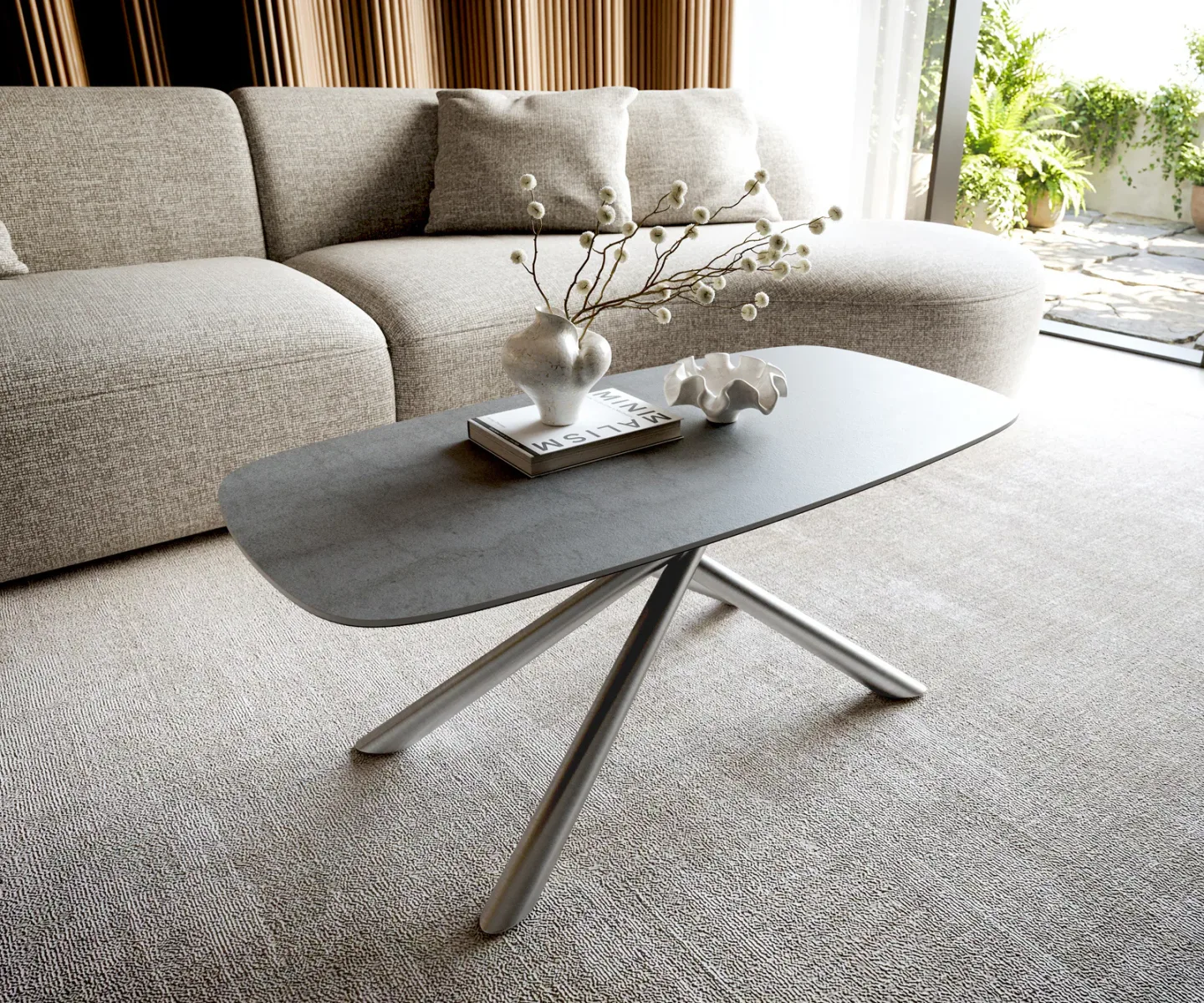 Couchtisch Edge Boot 100x50 cm Keramik Beton Grau Sarity Edelstahl gebürstet
