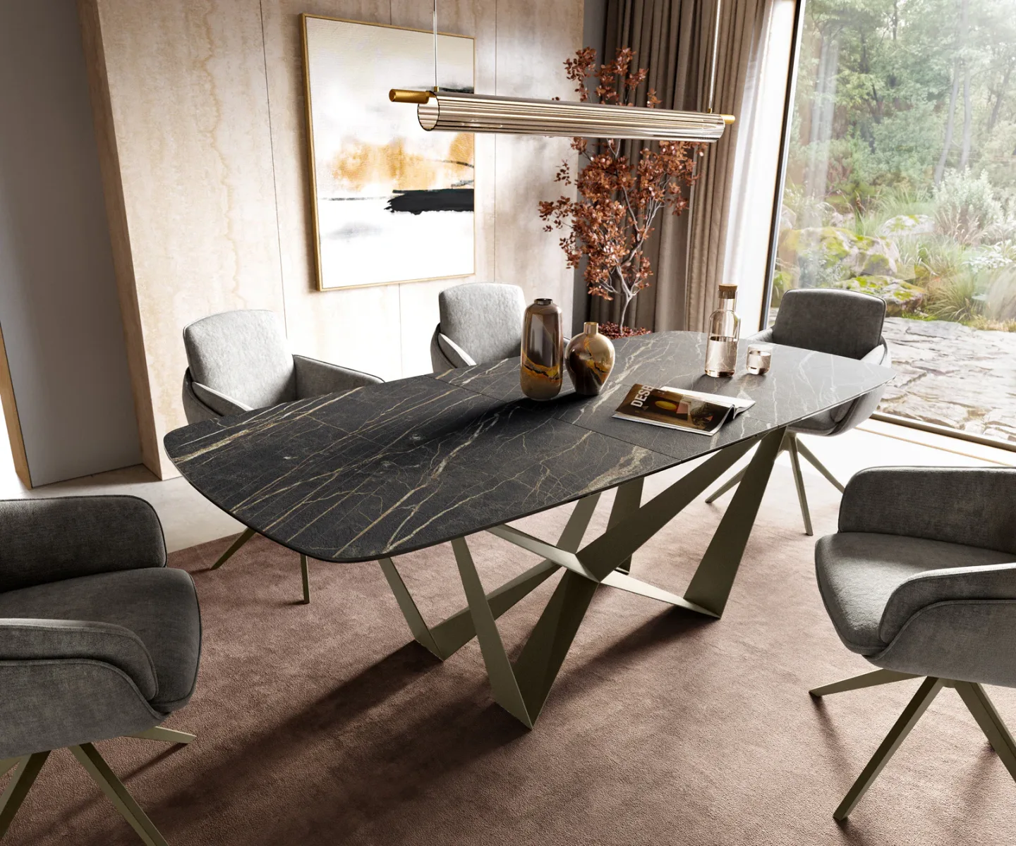 Esstisch Edge Boot 180-220x100 cm Laminam® Keramik Noir Desir Braun Spider Metall Effektfinish Titan ausziehbar