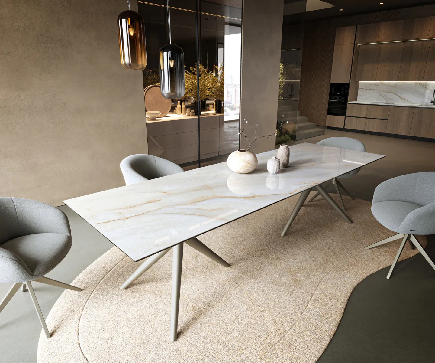 Esstisch Edge 300x100 cm Keramik Onyx Pearl Estelar rund Metall Effektfinish Titan