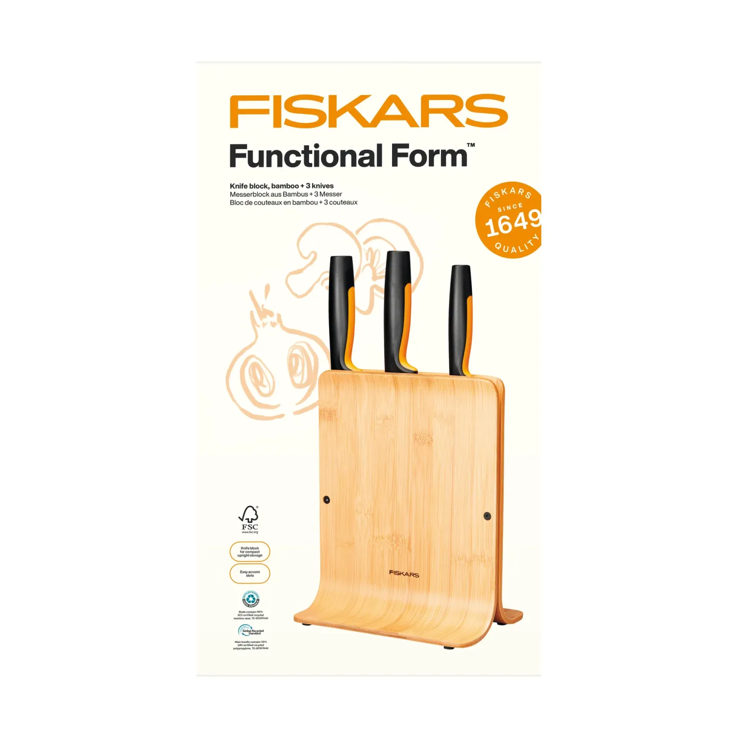 Fiskars Functional Form Messer-Set mit Messerblock Bambus, 4-teilig