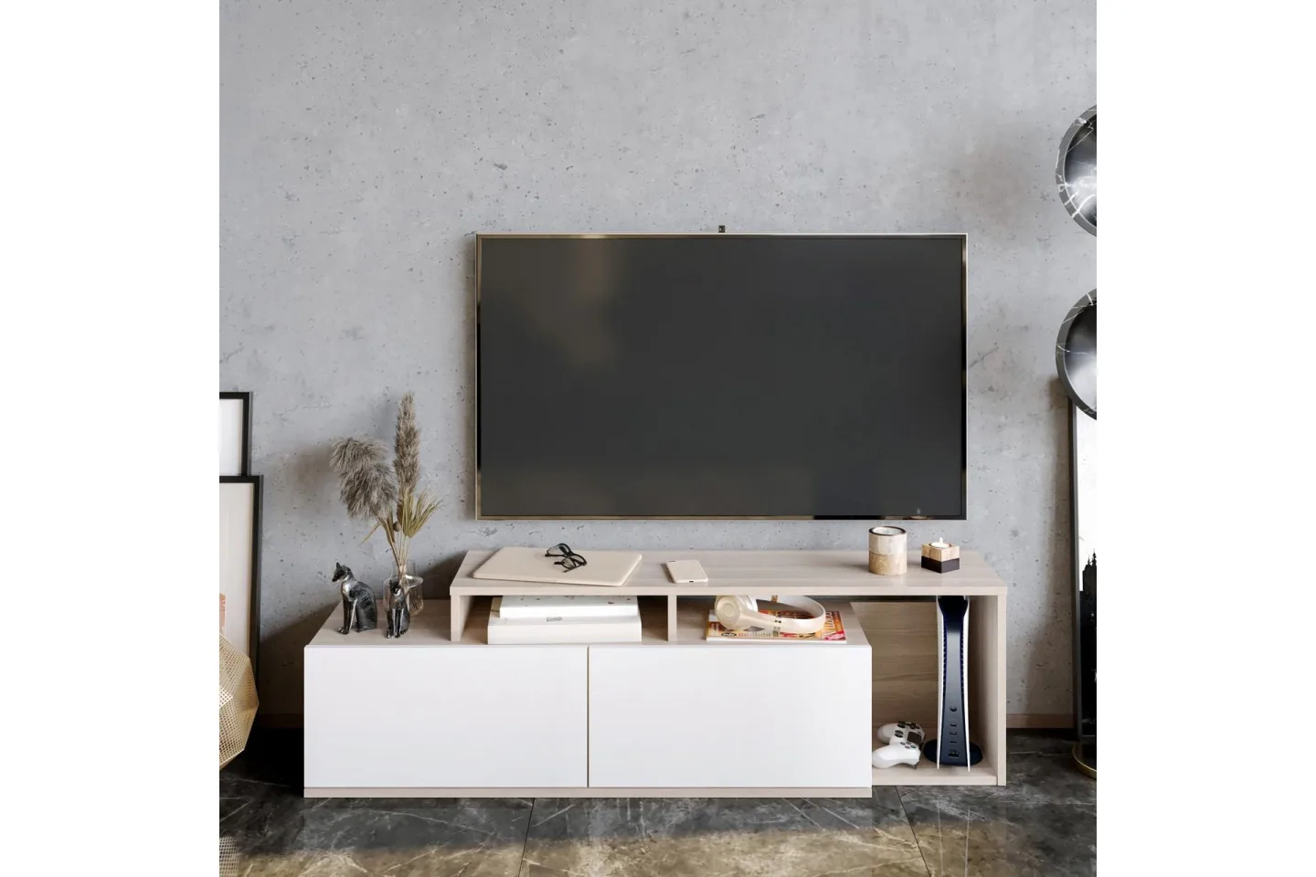 Lameyze Tv-bänk 150 cm - Natur/Vit