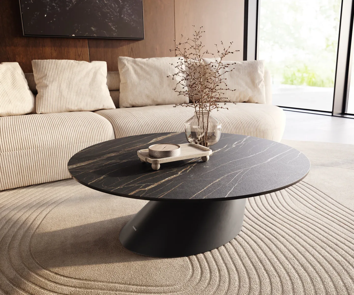 Couchtisch Edge Rund 100x100 cm Keramik Laminam® Noir Desir Braun Conis Metall Schwarz