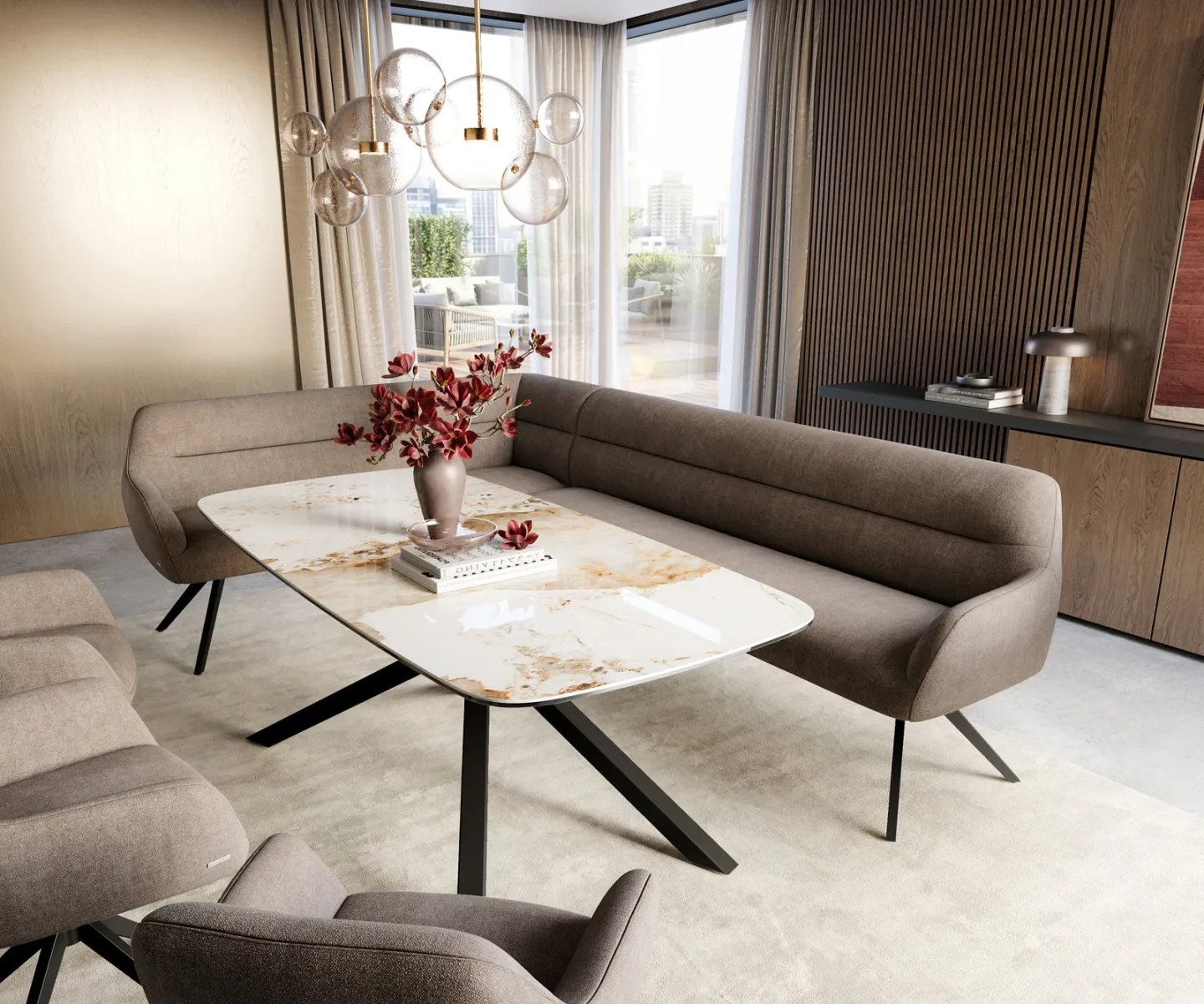 Esszimmerbank Taya-Flex 285x190 cm Strukturstoff Soft Taupe Kreuzgestell kantig Schwarz Taschenfederkern Links
