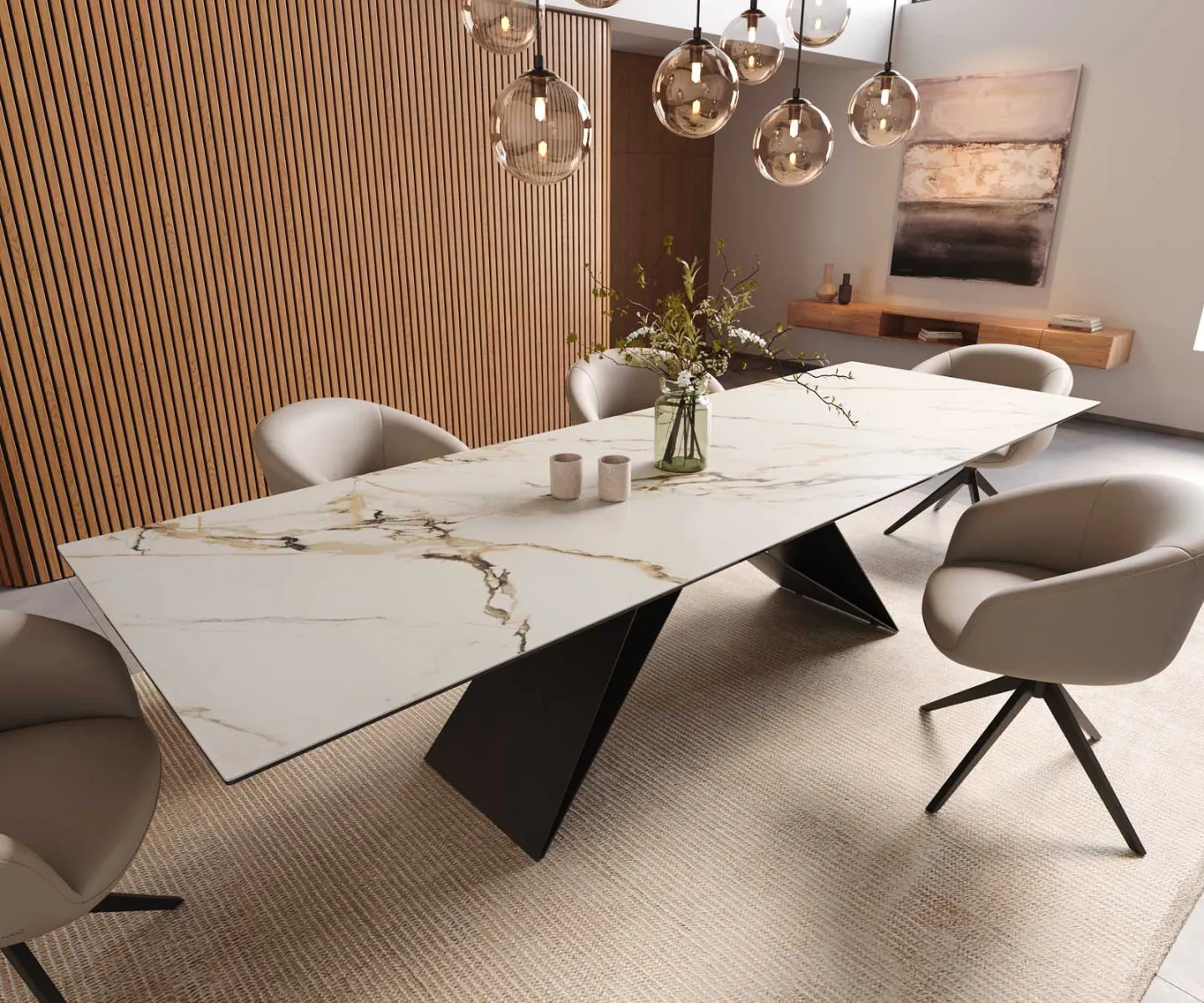 Esstisch Edge 300x100 Keramik Calacatta Luxe Weiß-Gold-Grau V-Gestell Flachstahl Schwarz