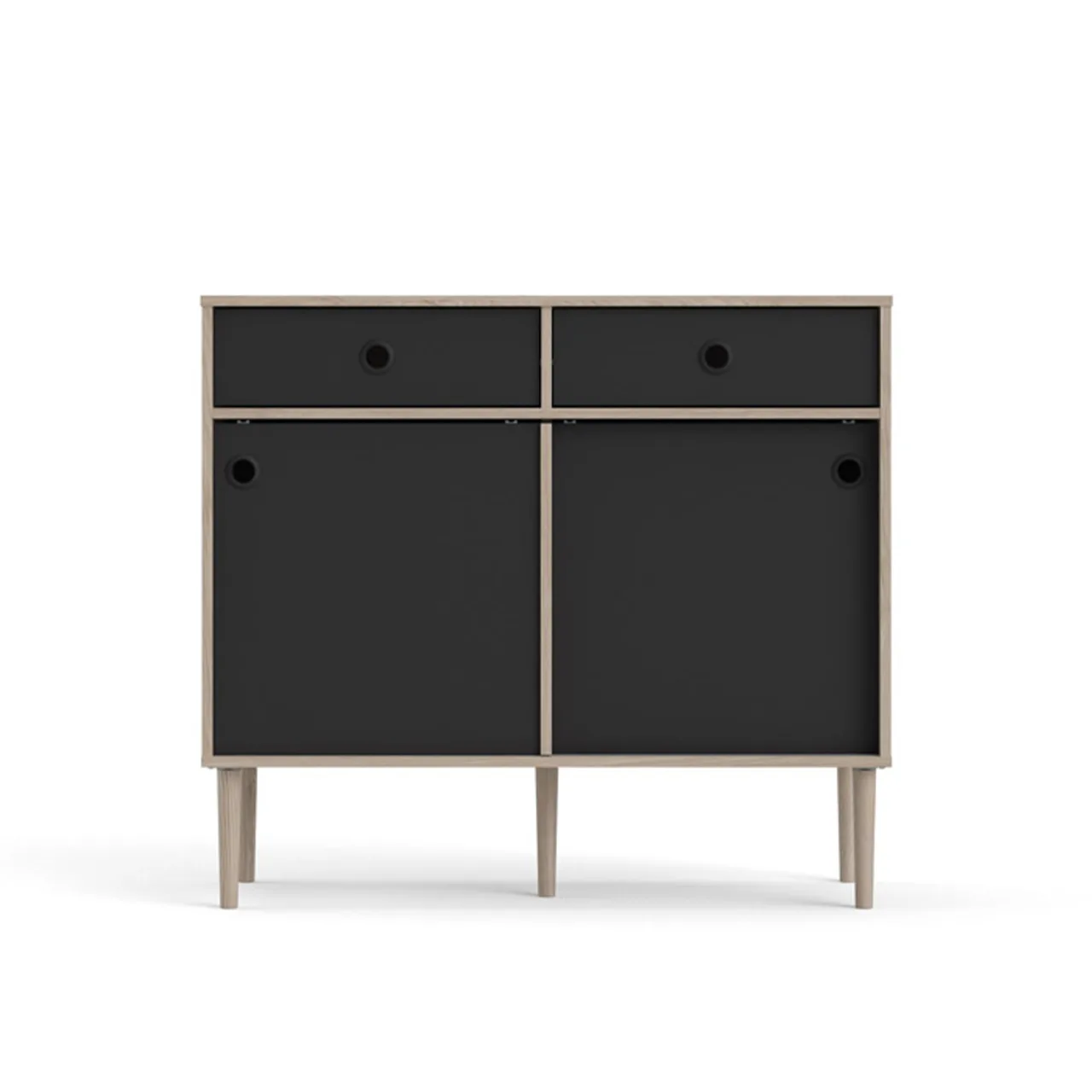 Penny Sideboard 2 Schiebetüren und 2 Schubladen Hickory-Dekor und matt schwarz.