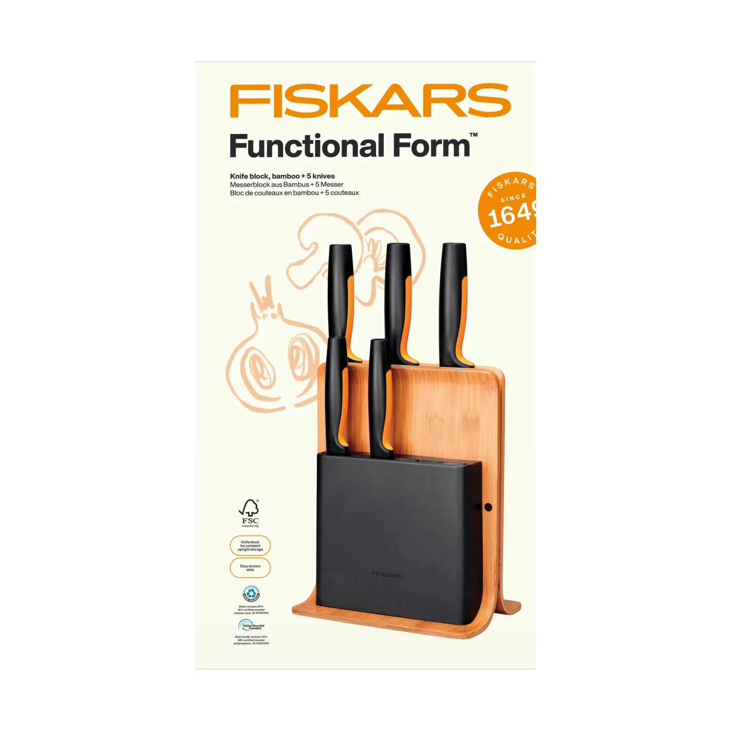 Fiskars Functional Form Messer-Set mit Messerblock Bambus, 6 Teile