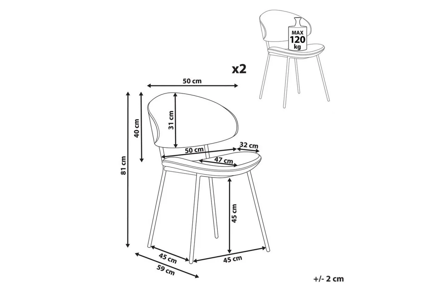 Set med 2 matstolar Kiana - Blå, Svart