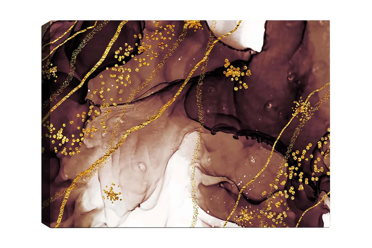 Canvastavla 70x100 cm - Abstrakt konstverk med flödande former och guldinslag - Mörkbrun / Guld / Beige