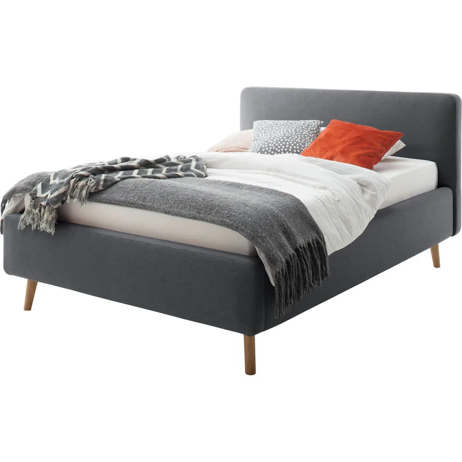 Bett Senja Anthrazit, Natur Stoff, Eiche Massivholz 140 x 200 cm