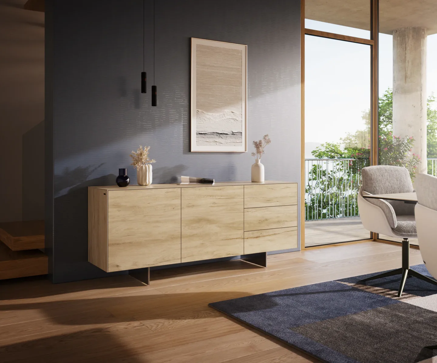 Sideboard Cuor 180 cm Keramik Laminam® Sabbia Eichefarbig 2 Türen 3 Schubfächer Fuß Schwebeoptik Edelstahl