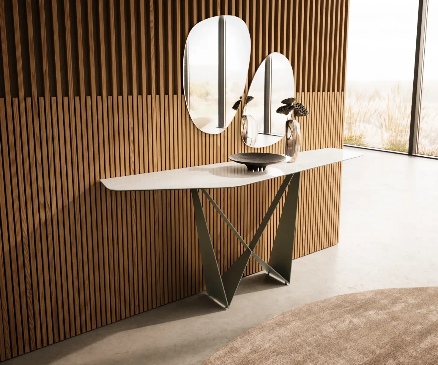 Konsolentisch Edge Polygonal 180x50 cm Keramik Onyx Champagne Spios Metall Effektfinish Titan