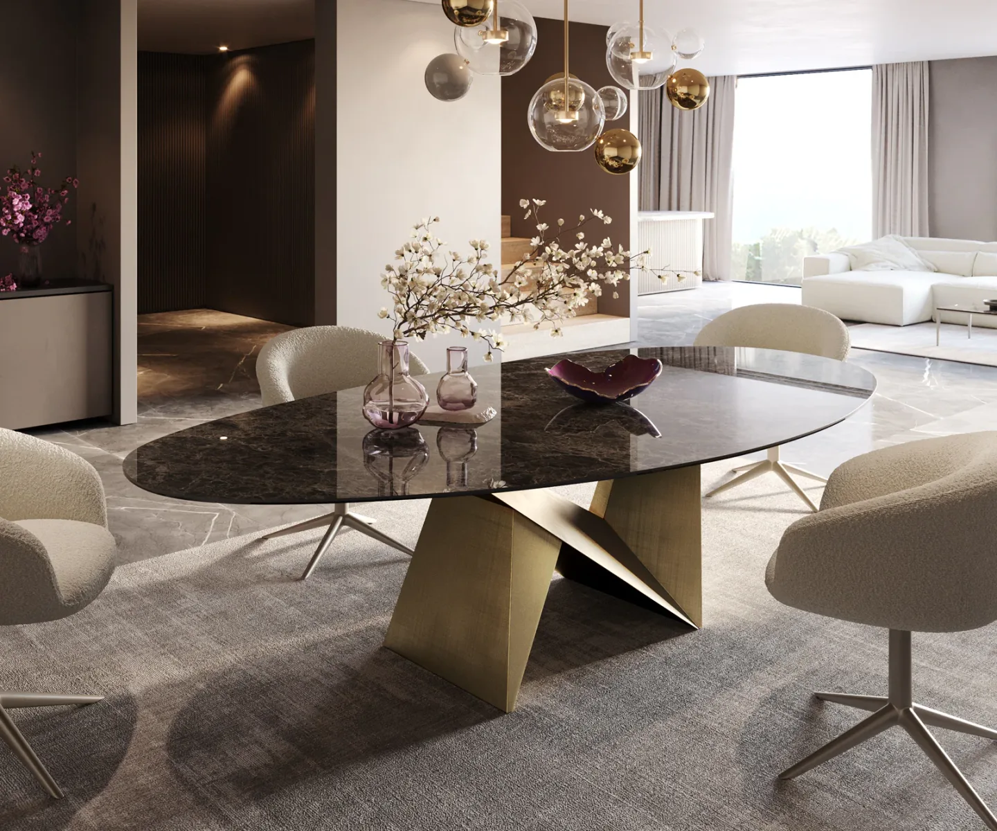 Esstisch Edge Oval 280x130 Keramik Emperador Extra Lucidato Dunkelbraun Origami Metallic Gold
