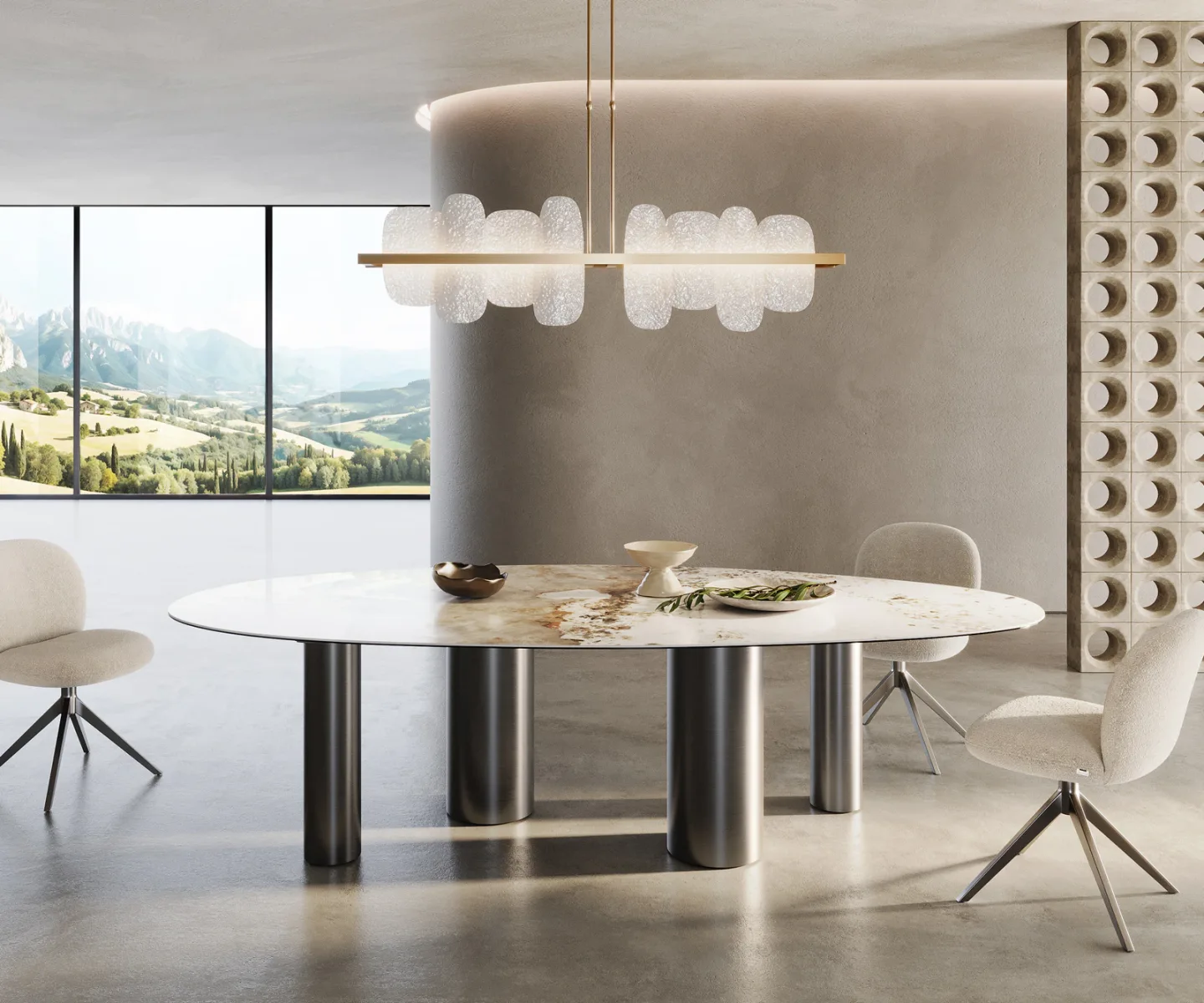 Esstisch Edge Oval 280x130 Keramik Minas Melange Weiß-Beige Pilier Edelstahl Graphit