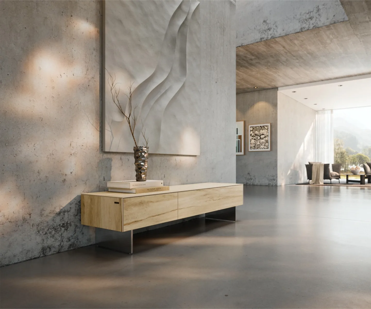 Lowboard Cuor 150 cm Keramik Laminam® Sabbia Eichefarbig 1 Klappe 1 Schubfach Fuß Schwebeoptik Edelstahl