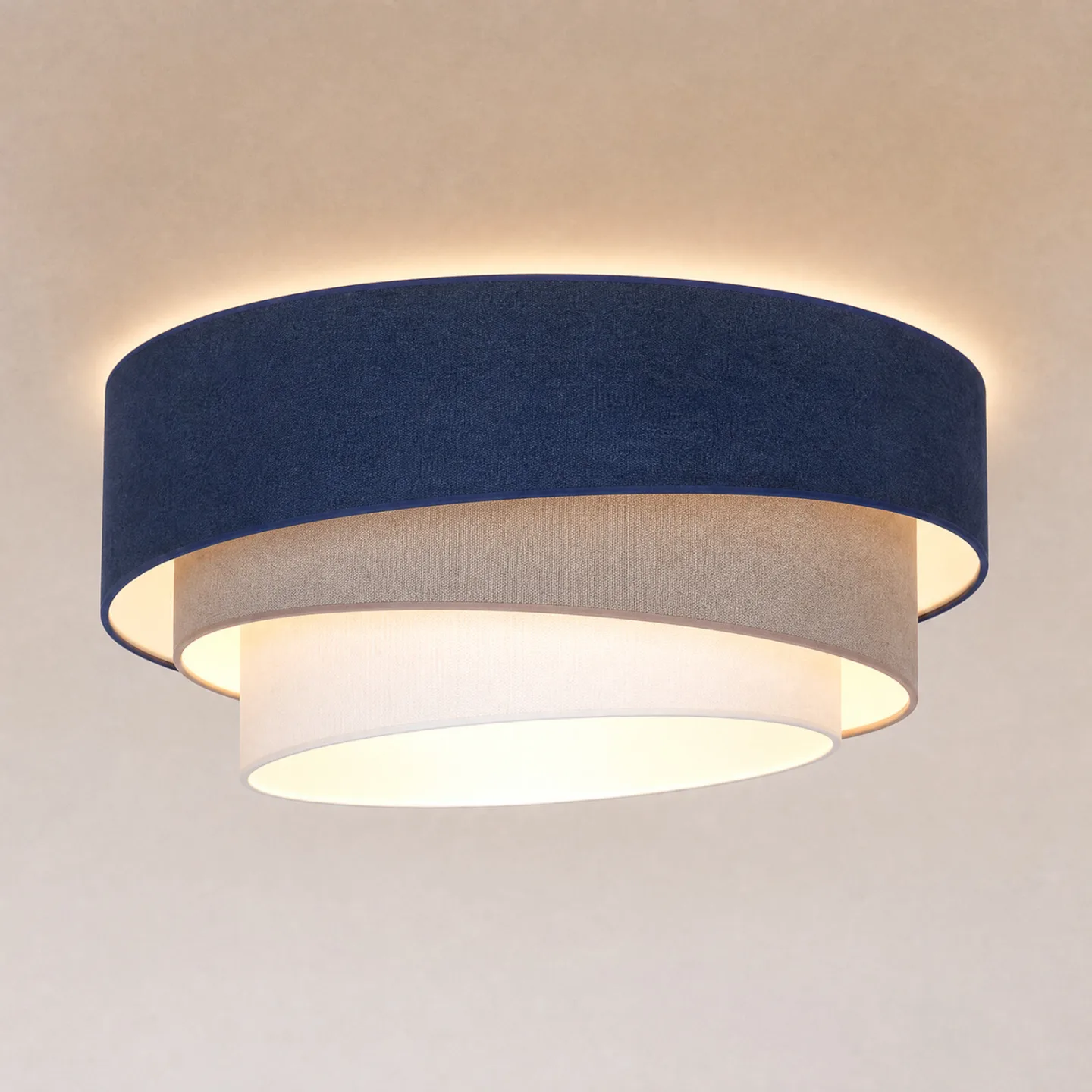 Trio loftlampe, mørkeblå/beige, Ø60 cm, tekstil, E27 – Duolla - Køkken - Ungdommelig - Stof / tekstil - Med flere lyskilder