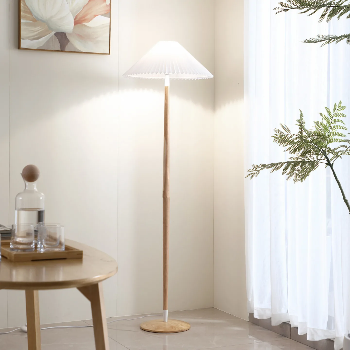 Ellorin Stehleuchte White/Wood - Lucande - Wohnzimmer - Landhaus / Rustikal - Stoff / Textil - Einflammig
