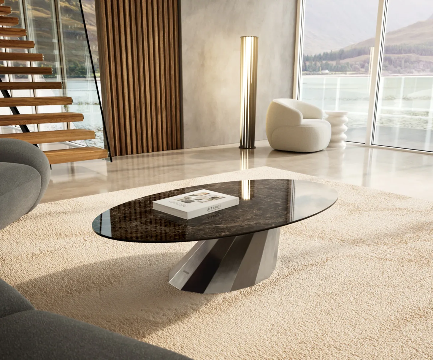 Couchtisch Edge Oval 140x80 cm Keramik Emperador Extra Lucidato Dunkelbraun Parabi Edelstahl gebürstet