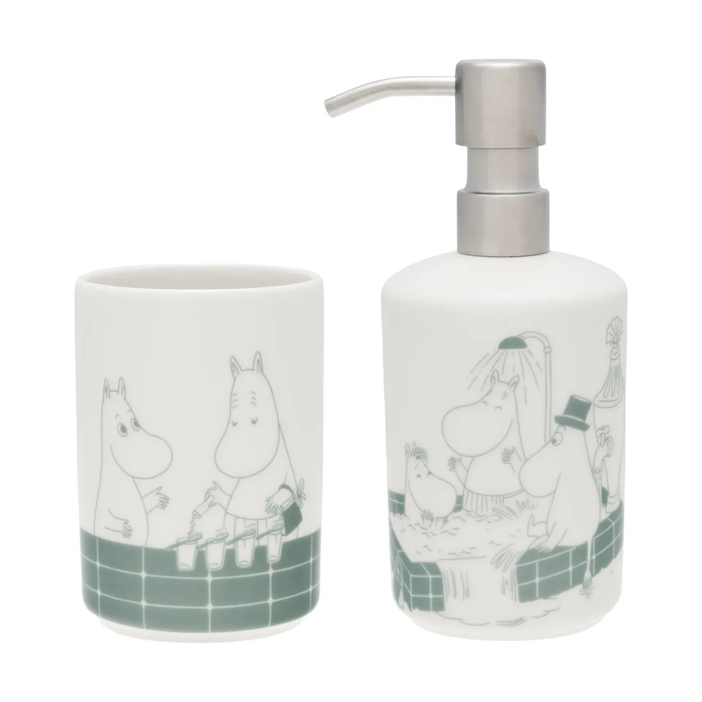 Moomin Arabia Mumin Seifenspender und Zahnbürstenhalter Badezeit grün-weiß