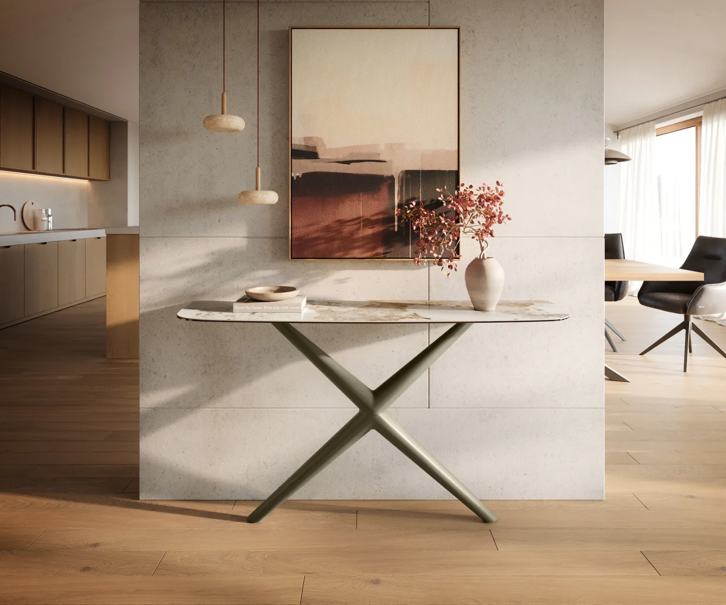 Konsolentisch Edge Boot 140x40 cm Keramik Minas Melange Weiß-Beige Estelo Metall Effektfinish Titan