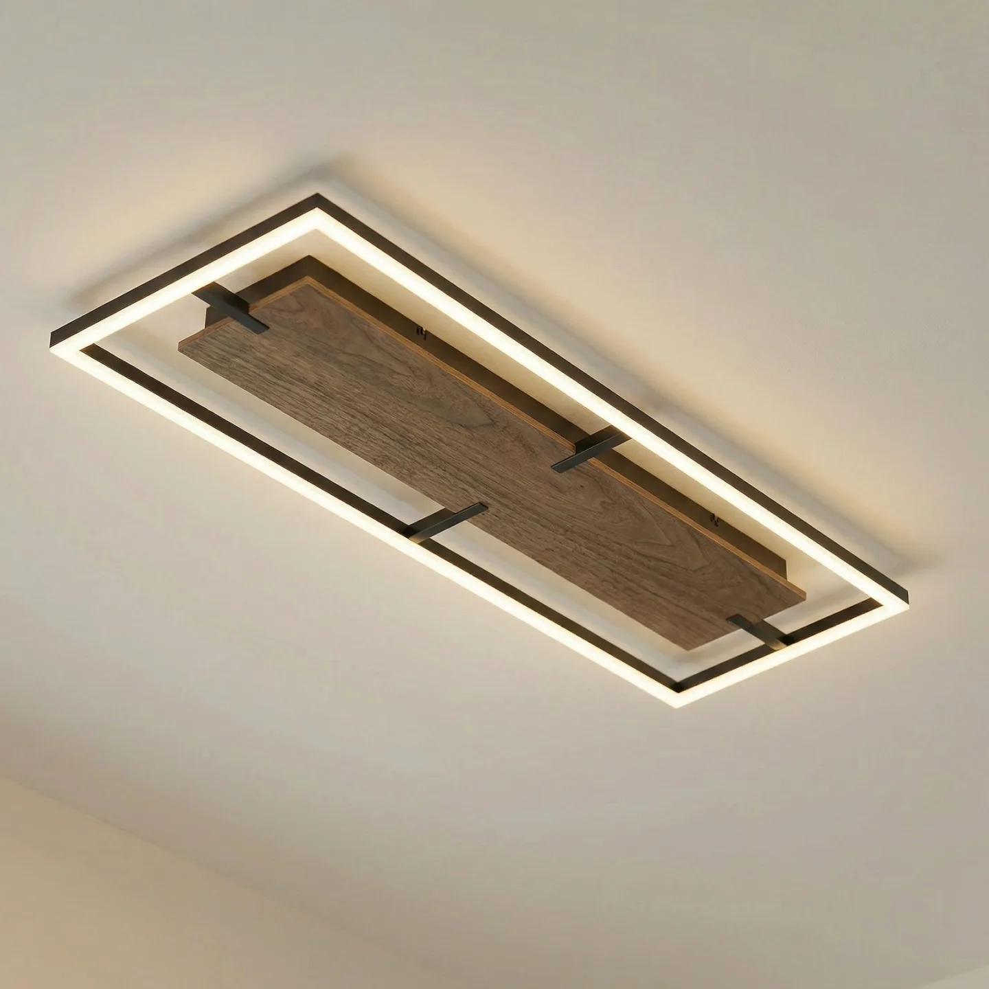 Vectra LED-Deckenleuchte, Holz, 100 x 30 cm, dimmbar, 3.000 K - Lucande - Wohnzimmer - Modern - Kunststoff - Eckig