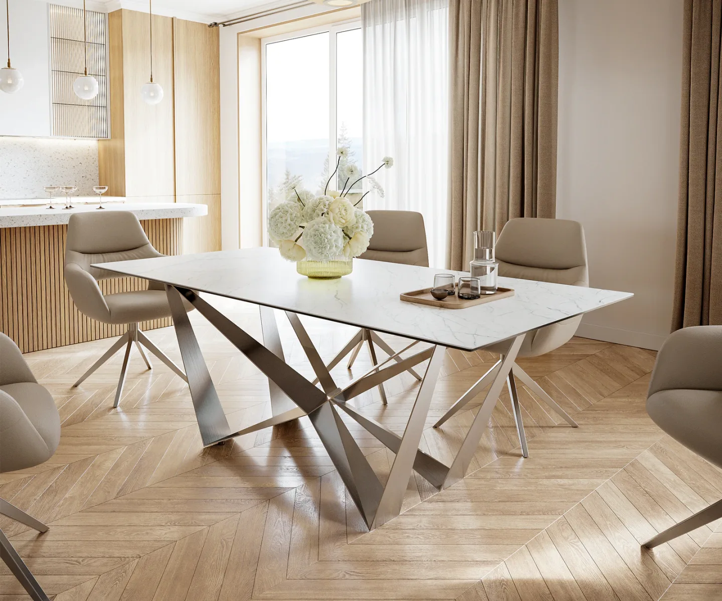 Esstisch Edge 200x100cm Keramik Laminam®Statuarietto Weiß Spider Flachstahl Edelstahl