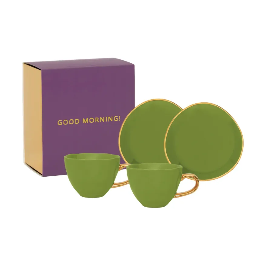 URBAN NATURE CULTURE Good Morning Geschenkset Cappuccino Tasse & Untertasse 2er-Pack Evergreen sprig