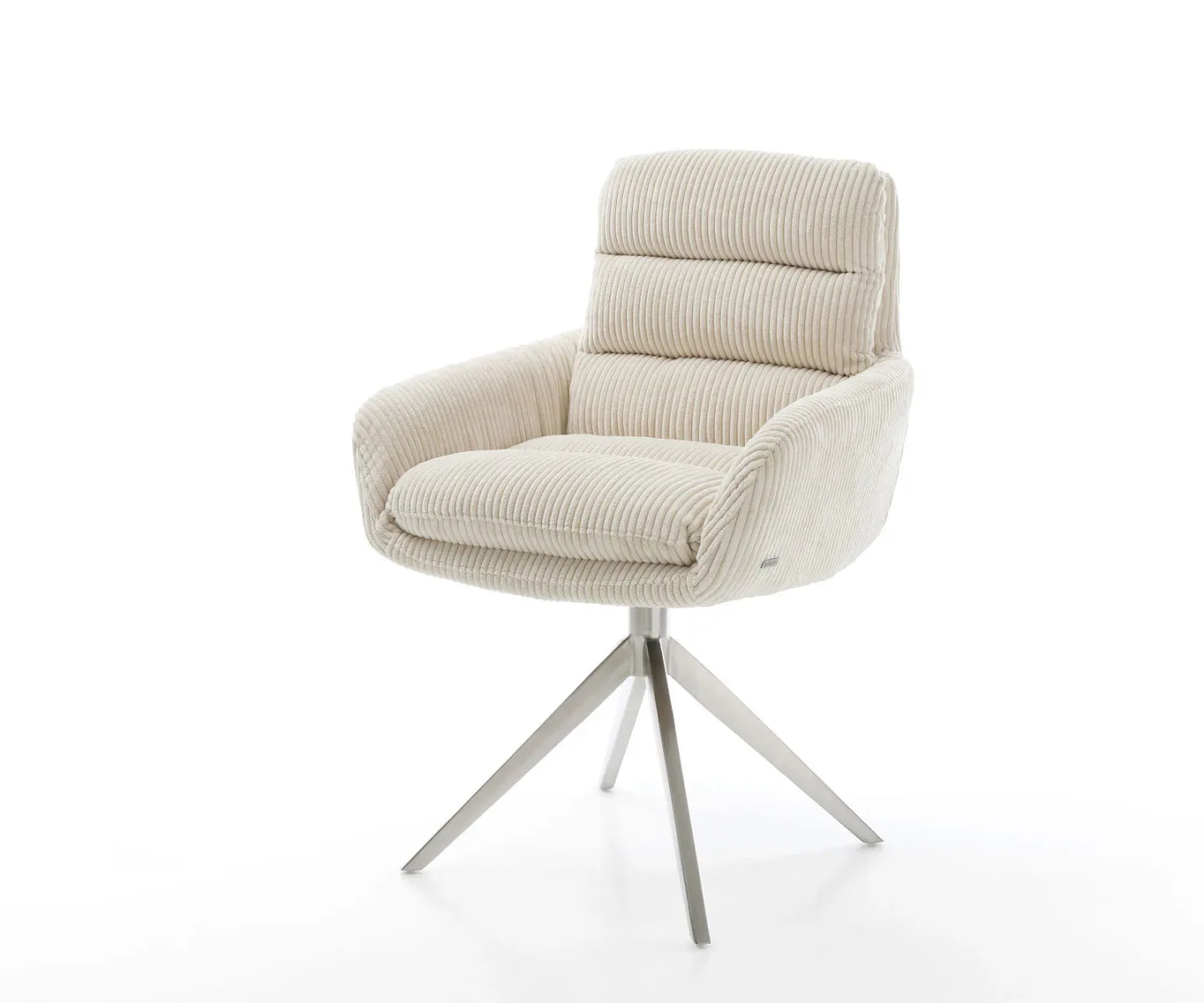 Drehstuhl Abelia-Flex mit Armlehnen Cord Beige Kreuzgestell breit Edelstahl 360° drehbar Wippfunktion
