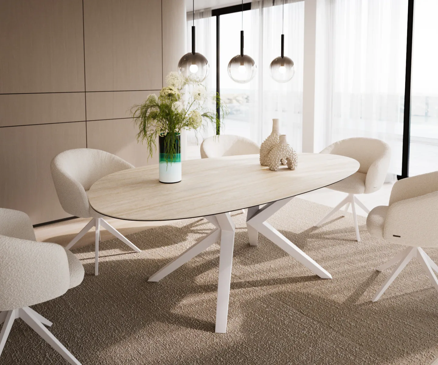 Esstisch Edge Oval 220x120 Keramik Laminam®Travertino Bianco Creme-Weiß? Zenthara kantig Metall Weiß
