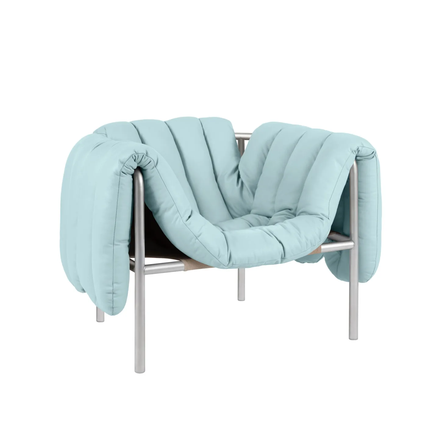 HEM - Puffy Lounge Chair - Light Blue Leather/Stainless - Fåtöljer - Faye Toogood - Silver,Blå - Läder/Naturmaterial/Metall/Trä/Skum