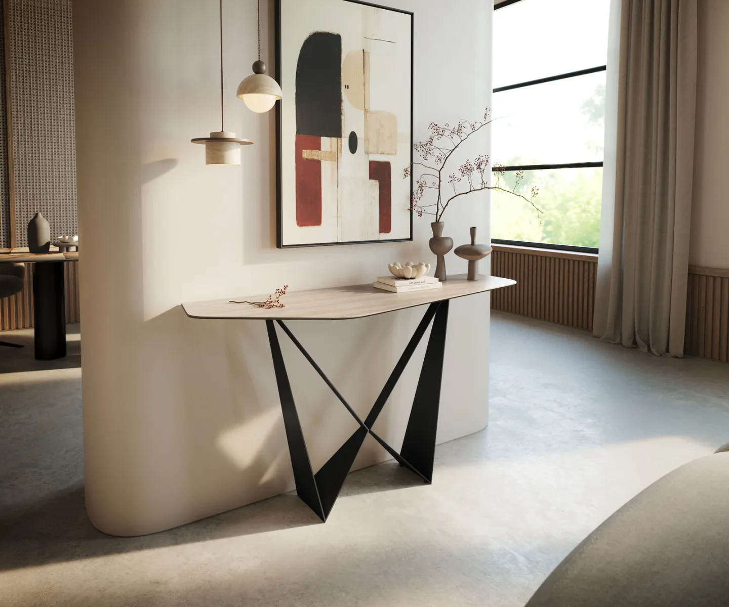 Konsolentisch Edge Polygonal 140x50 cm Keramik Laminam® Travertino Bianco Creme-Weiß Spios Metall Schwarz