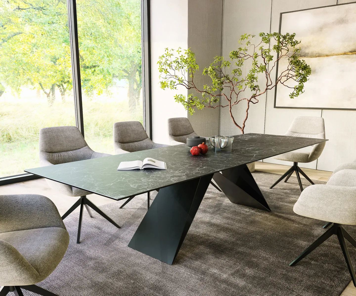 Esstisch Edge 300x100cm Keramik Laminam®Nero Greco Anthrazit V-Mittelfuß Schwarz