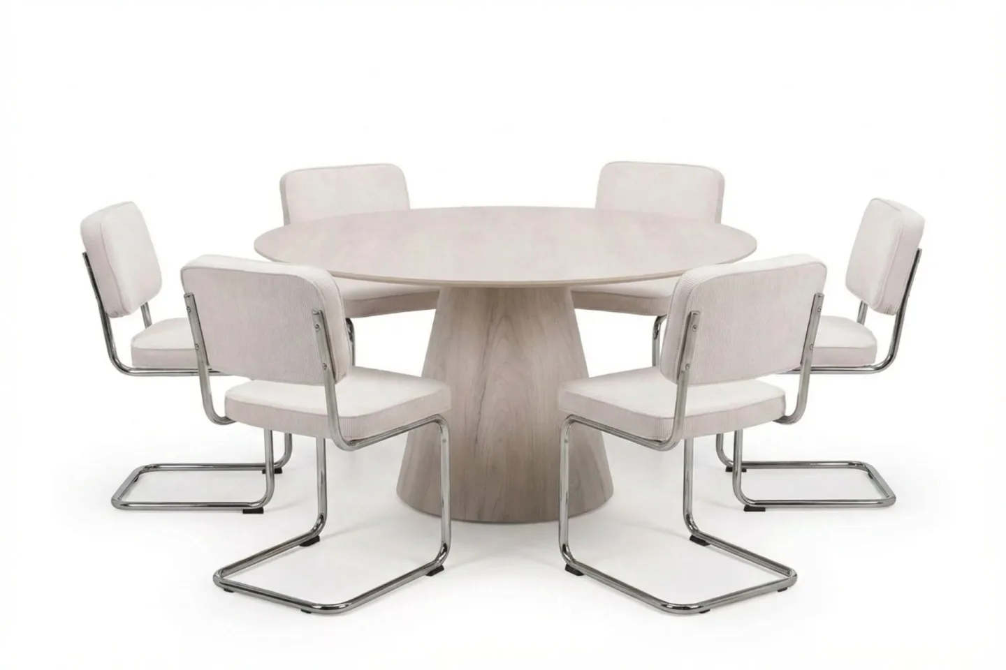 Siena Matgrupp runt 150 cm Vitlaserad med 6 Milva Matstolar - Vitlaserad/Beige/krom
