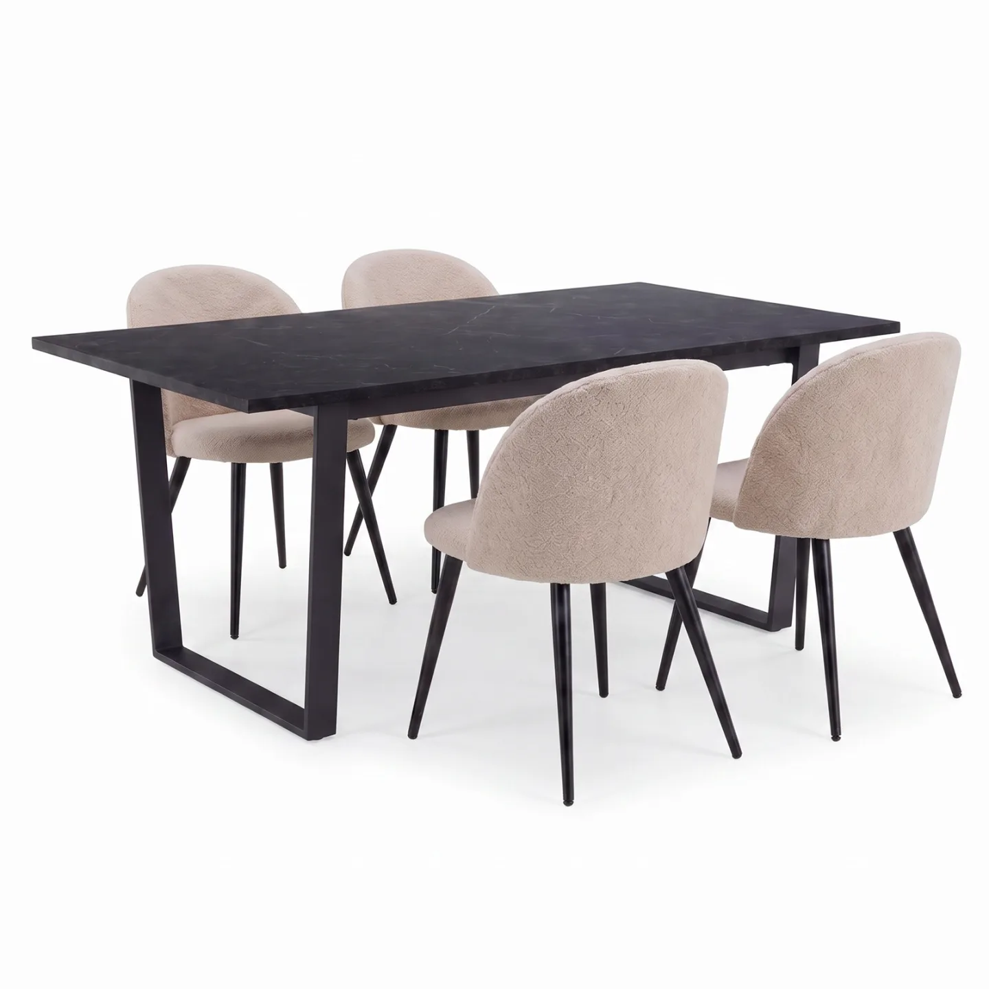 Tilst Essgruppe Tisch Marmoroptik schwarz 90x160 und 4 Bouclé-Stühle beige.
