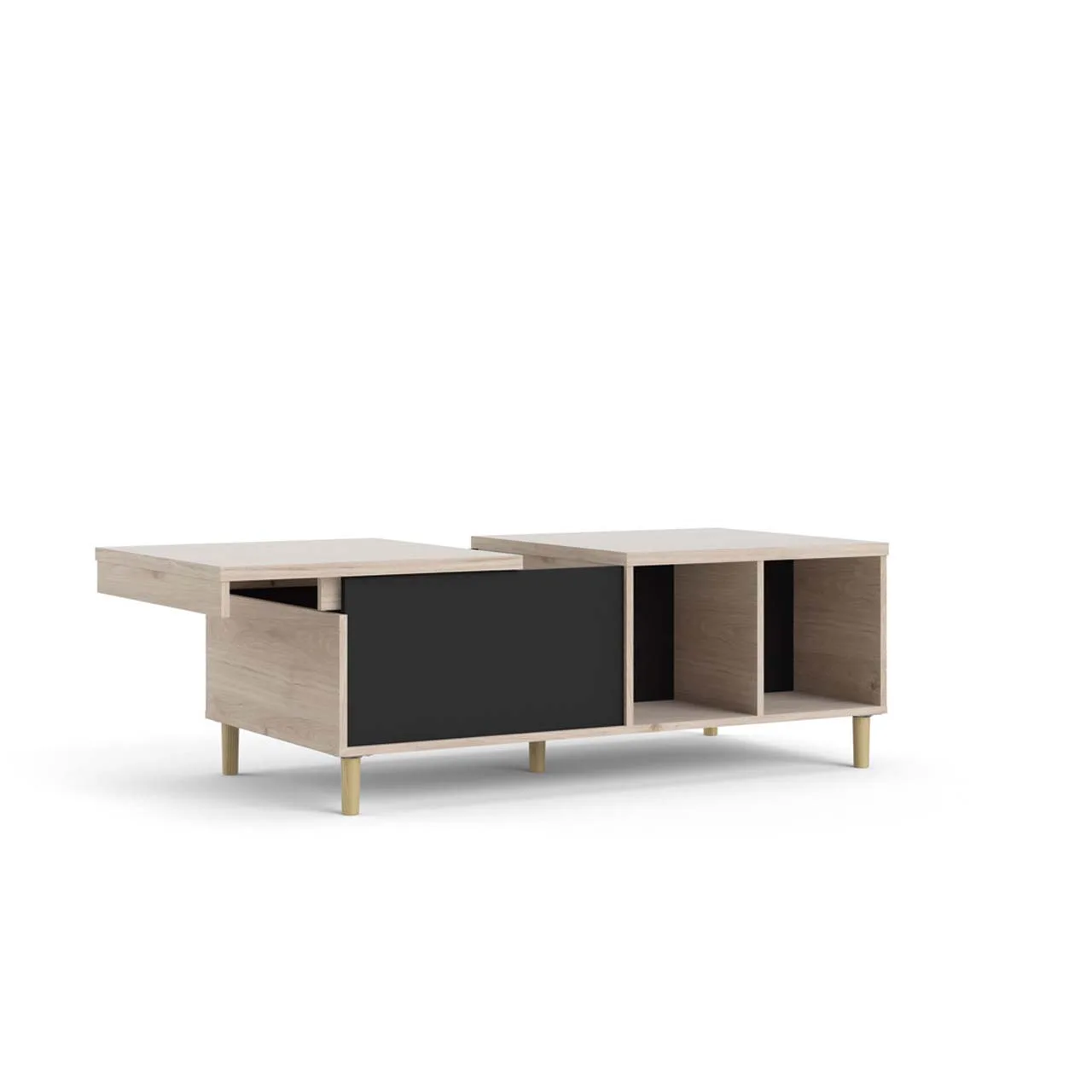 Penny Couchtisch mit ausziehbarer Deckplatte und 2 Fächern Hickory-Dekor und matt schwarz.