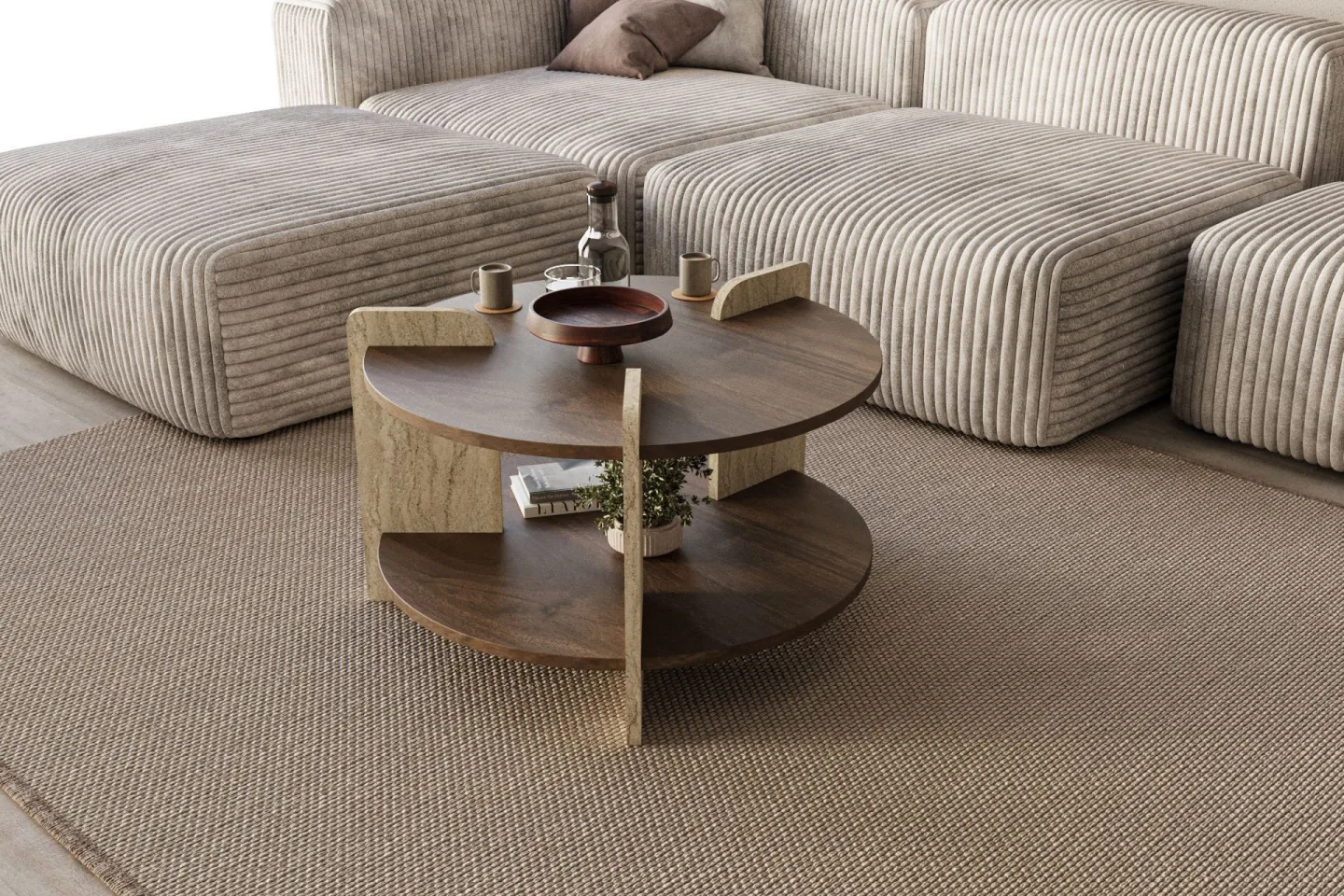 Cindral Soffbord 70 cm Rund - Valnöt Och Travertin
