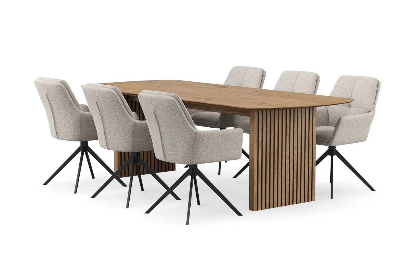Richeto Matgrupp 240 cm med 6 Torsby Snurrstolar - Naturlig finish/Mörkbeige