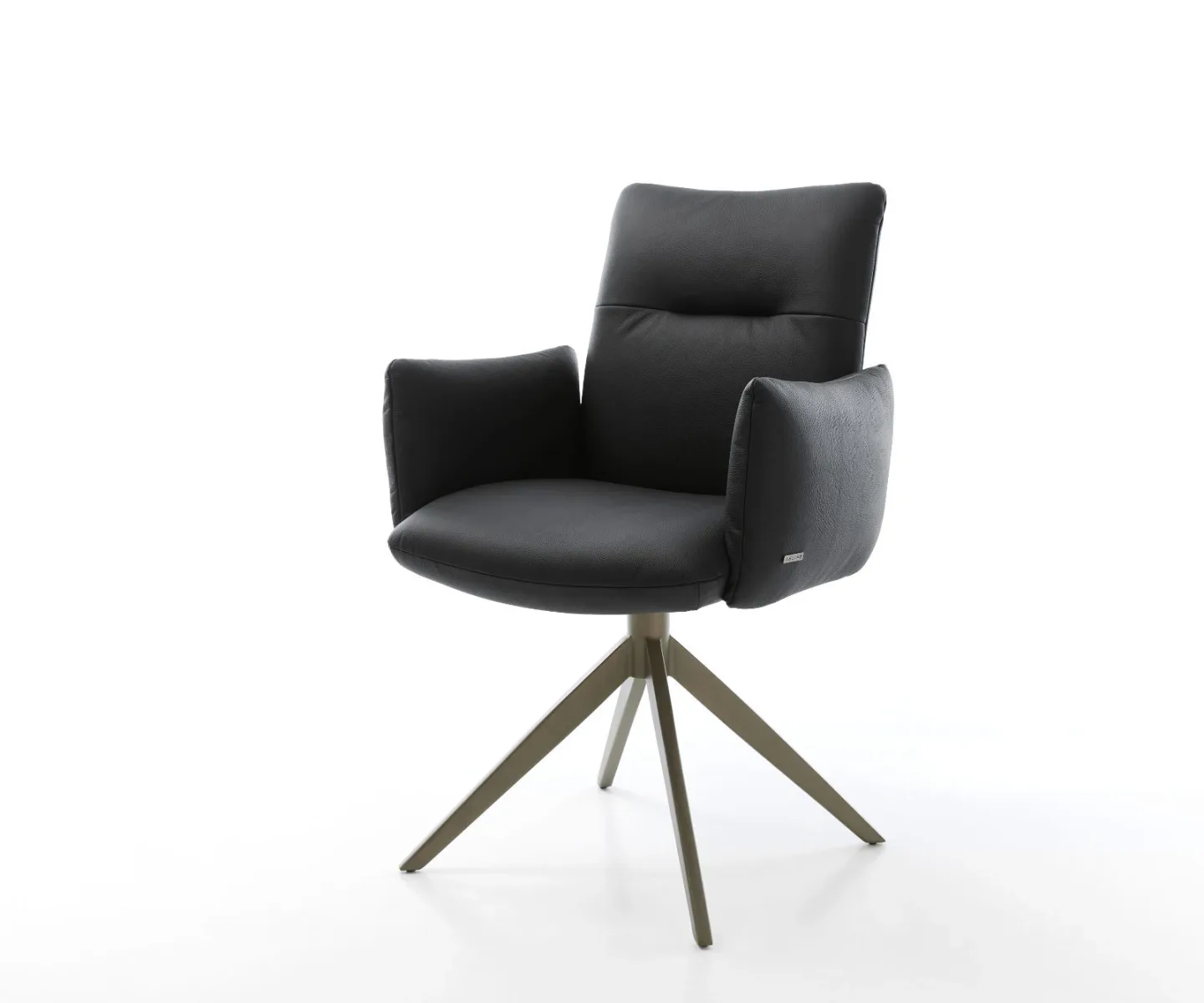 Drehstuhl Jova-Flex mit Armlehnen Echt-Leder Schwarz Kreuzgestell breit Effektfinish Titan 360° drehbar Wippfunktion Taschenfederkern