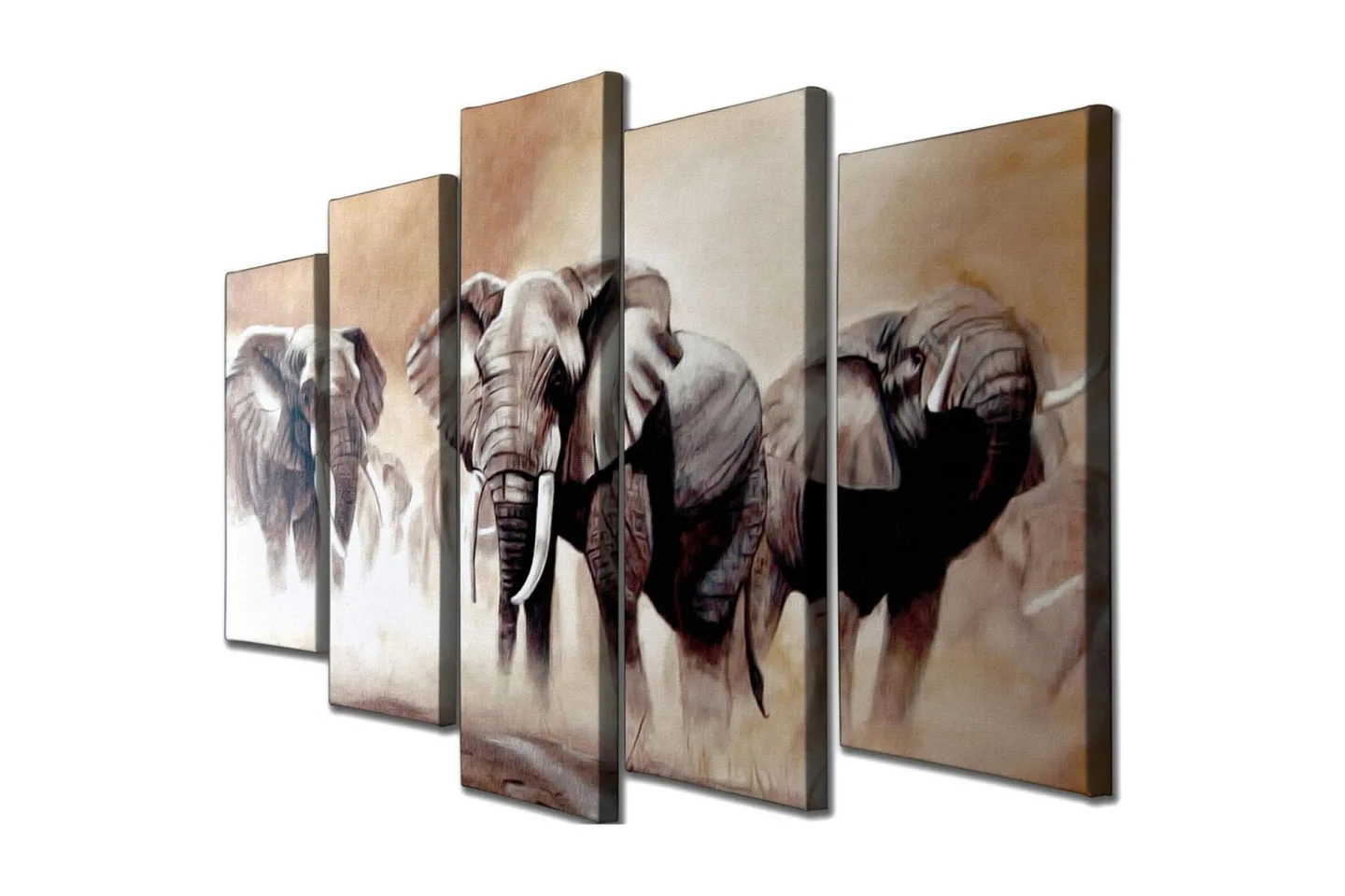 Stor Canvastavla i 5 delar 105x70 cm - Tre majestätiska elefanter i en dimmig savannmiljö - Grå / Beige / Brun